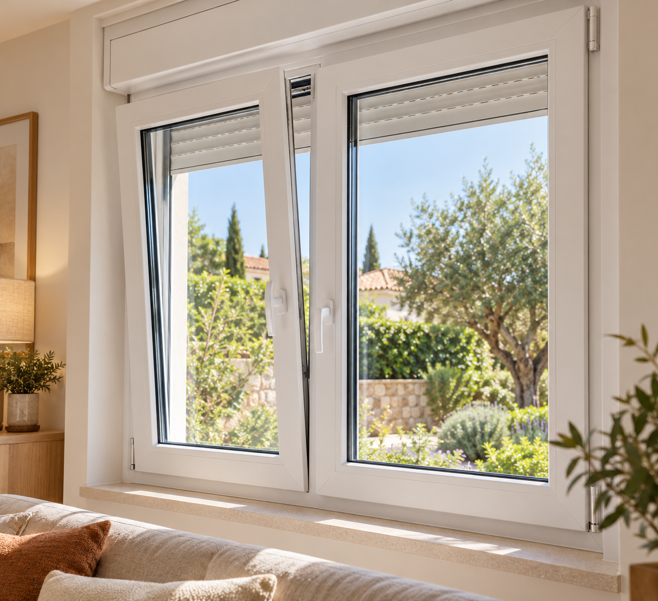 Ventana de PVC blanca con apertura oscilobatiente: imagen ilustrativa